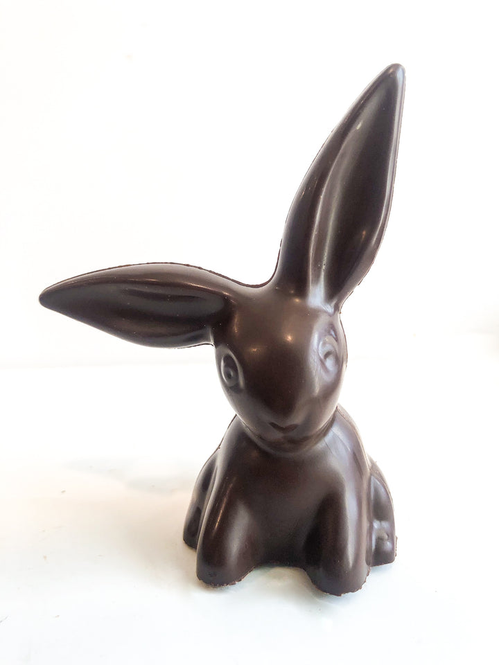 Chocolate Bunny with big floppy ears.  Solid chocolate or filled with caramel and marshmallow.  The Chocolate Palette in Salt Lake City Utah